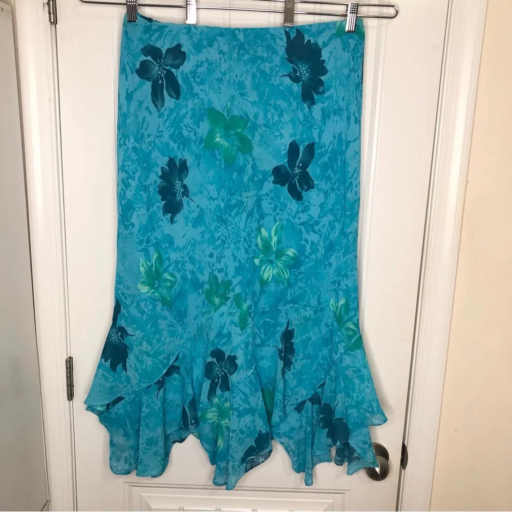 VINTAGE Y2K Fairy Floral Hawaii Tropical Ruffle Midi Skirt Blue and Green XL - Picture 2 of 11